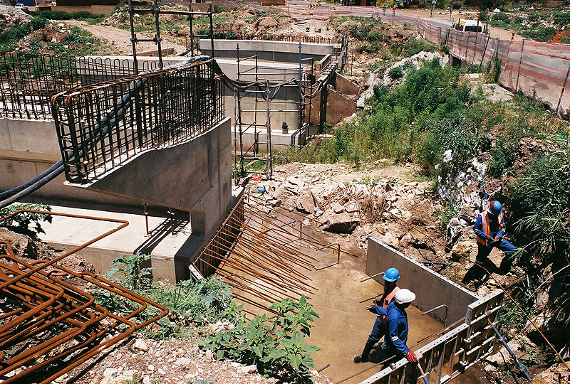 A bridge construction crew working on site